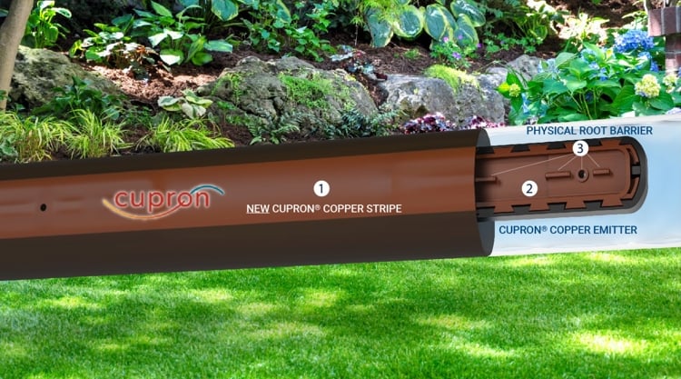 Cross section of one of Netafim's Cupron® copper oxide-based irrigation emitter and stripe driplines. 