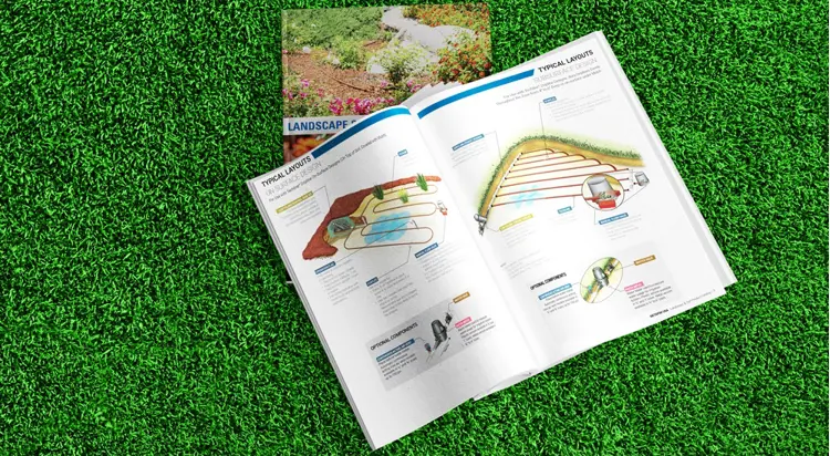 Netafim landscape and turf product catalog with green grass and plants in the background.