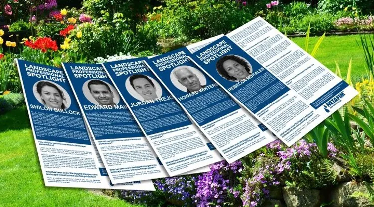 Netafim pamphlets highlighting landscaping professionals with flowers, grass, and large plants in the background. 